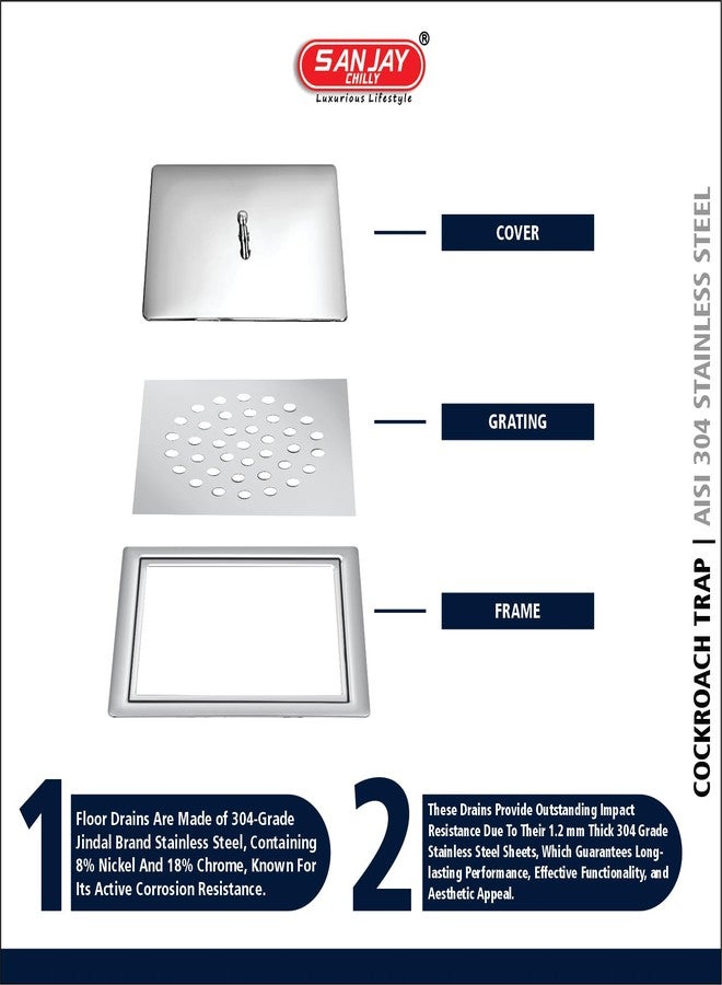 Sanjay Chilly India King Floor Drain Jali with Lid Golden Series Water Drain Cover Jali Bathroom Gratings Stainless Steel with Collar Rust-Free, Gloss Finished, Corrosion-Resistant, Durable 5x5 INCH - Image 3